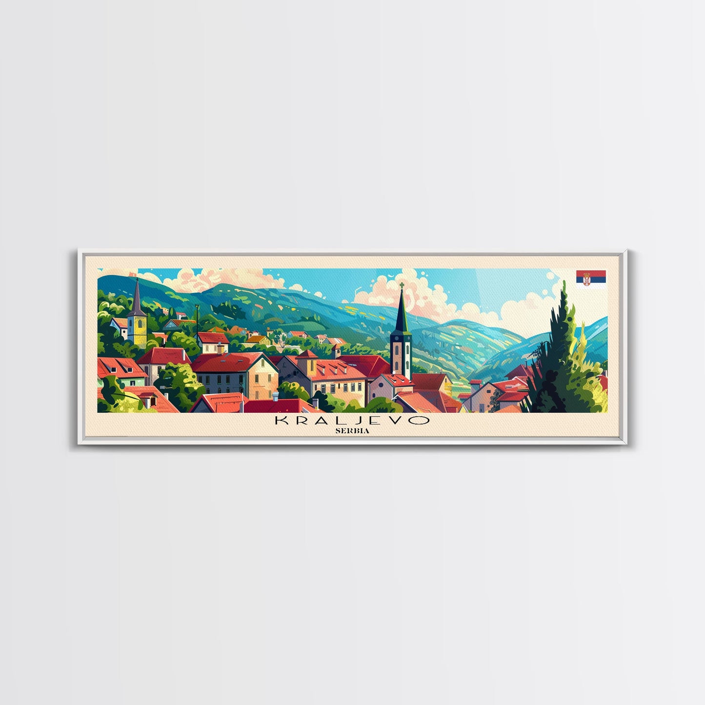 Kraljevo Serbia Panoramic Travel Poster, Framed Canvas Print or Metal Wall Art, Travel Art, Home Decor, Panoramic Painting, Midcentury Art