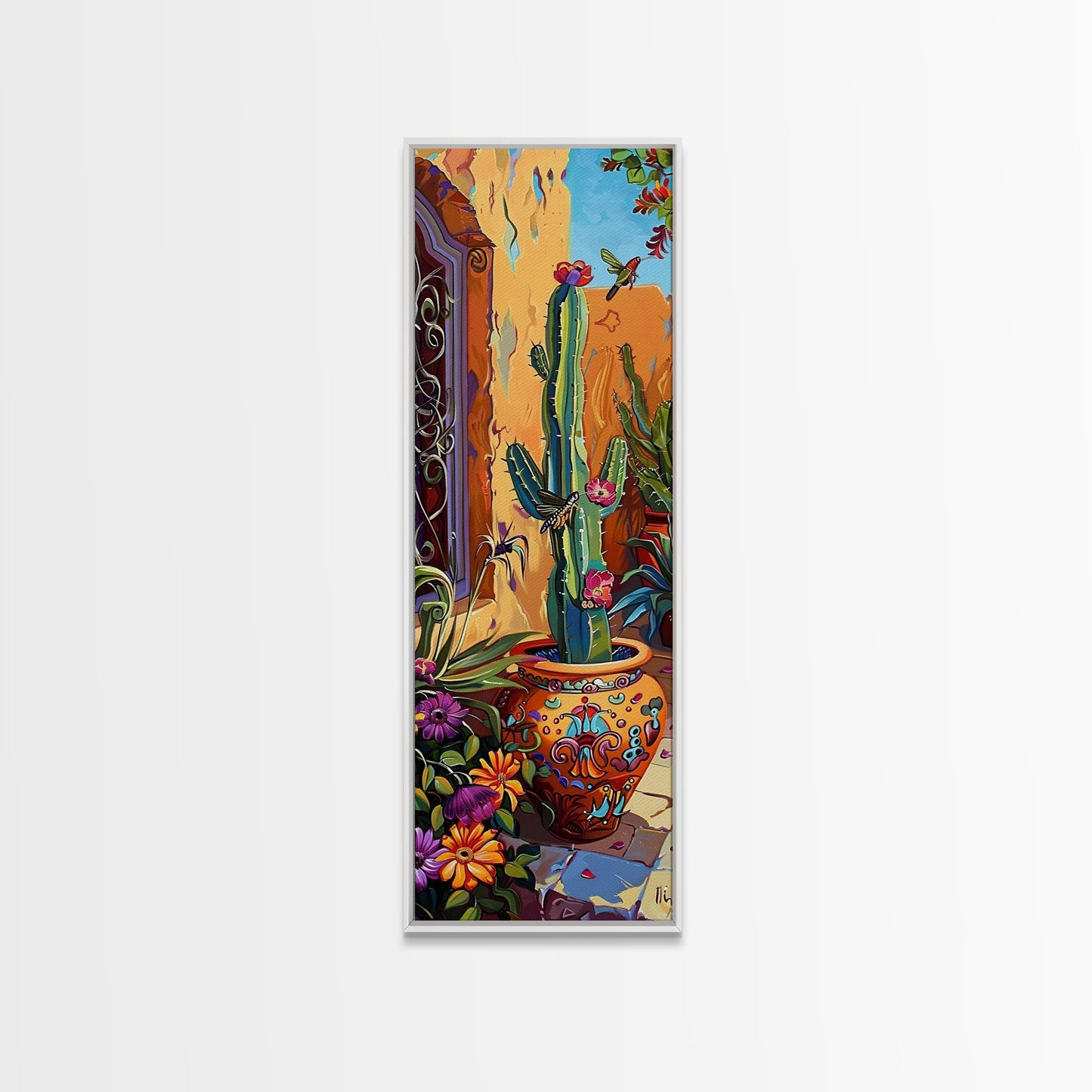 Colorful Canvas Painting of Cactus Framed, Botanical Wall Art Print, Spanish Inspired Canvas Painting, Long and Narrow Living Room Wall Art