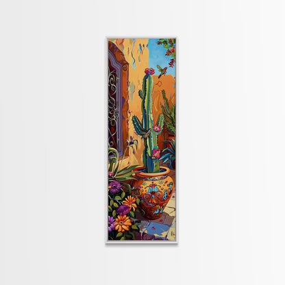 Colorful Canvas Painting of Cactus Framed, Botanical Wall Art Print, Spanish Inspired Canvas Painting, Long and Narrow Living Room Wall Art