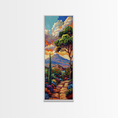 Colorful Textured Canvas Painting of Erupting Volcano Landscape, Tall and Narrow Vertical Art for Office, Mountain Wall Art Prints Framed