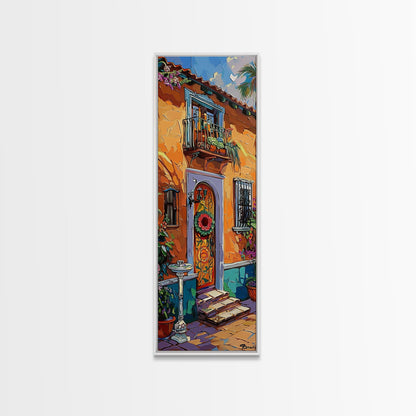Spanish Inspired Acrylic Painting Framed and Printed on Canvas, Long and Narrow Vertical Art, Colorful Botanical Wall Art for Living Room