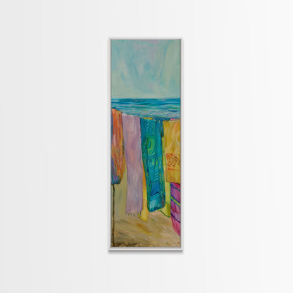 Colorful Laundry on Beach Landscape Art Print, Vertical Oversized Living Room Canvas Print Framed, Framed Wall Art for Laundry Room