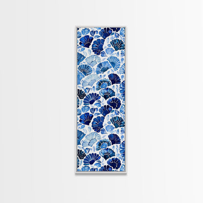 Blue and White Floral Pattern on White Background - Framed Canvas Print, Boho Art, Skinny Art, Tall Art, Midcentury Modern Art, Bedroom Wall Decor
