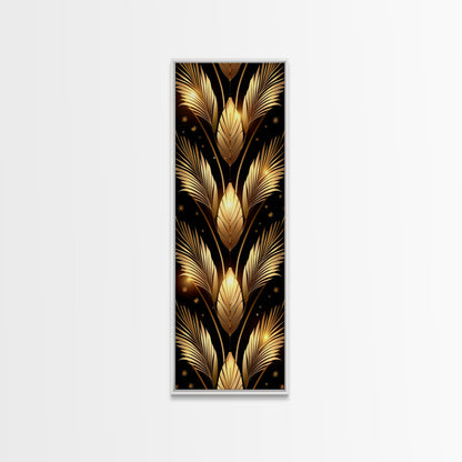 Gold Leaf Pattern on Black Background - Framed Canvas Print, Midcentury Modern Art, Skinny Art, Tall Art, Living Room Wall Decor, Minimalist Art