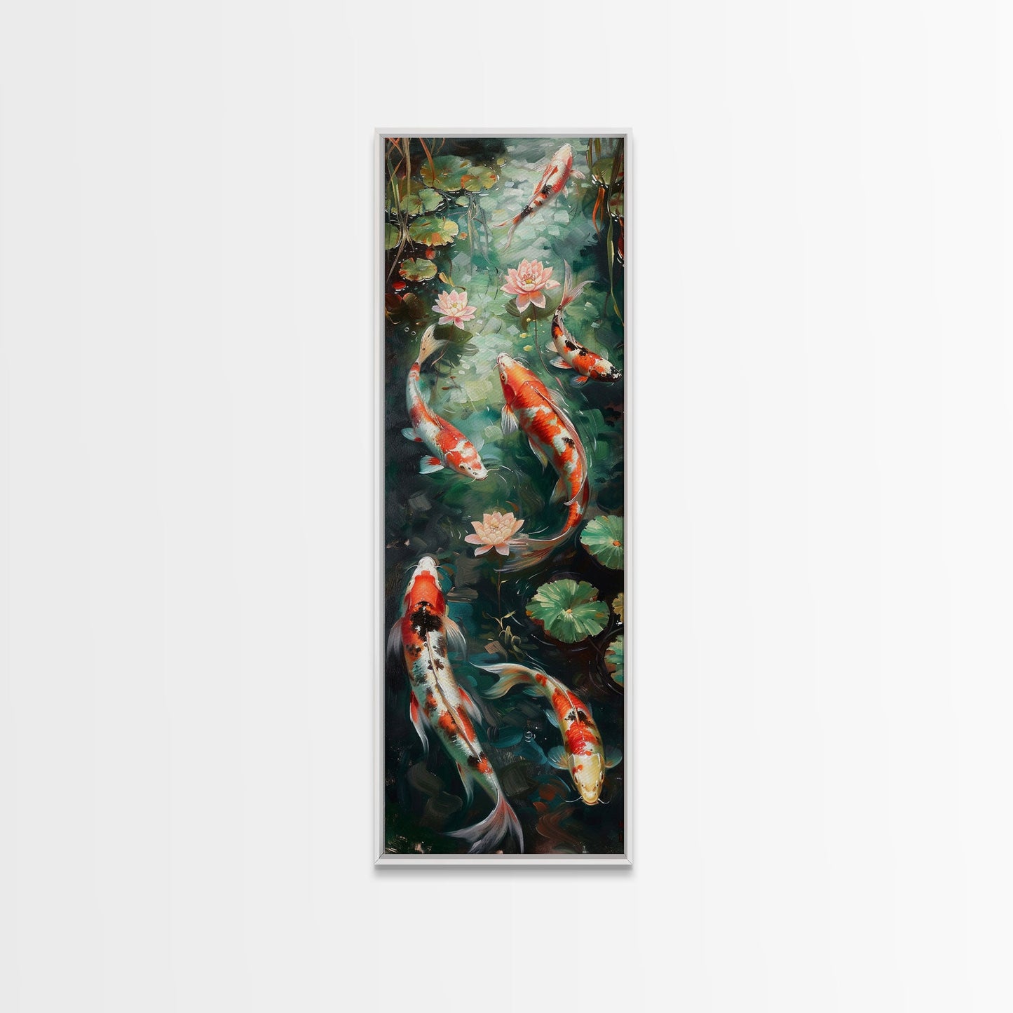 Mystic Forest Pond Koi Fish Boho Farmhouse Wall Art Framed Canvas Print Tall Art Japanese Style Art