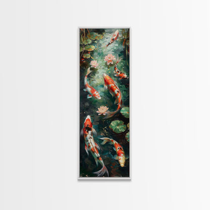 Mystic Forest Pond Koi Fish Boho Farmhouse Wall Art Framed Canvas Print Tall Art Japanese Style Art