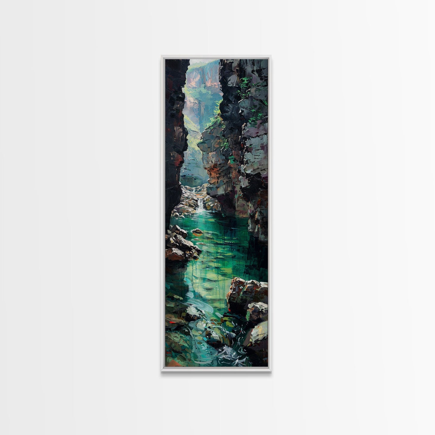Serene Mountain River Gorge Scene Skinny Art Framed Canvas Print For Living Room Or Bedroom Wall Decor