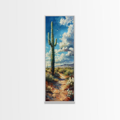 Iconic Saguaro Cactus in a Desert Landscape Under a Bright Blue Sky on a Framed Canvas Print Tall Art Piece