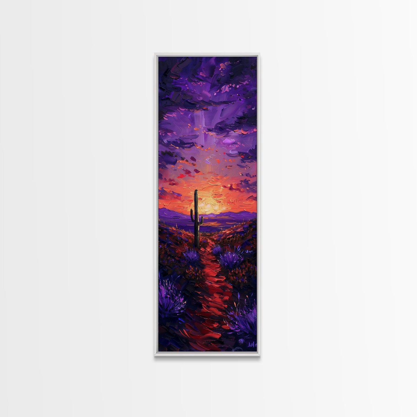 Colorful Sunset Over a Desert Landscape with a Saguaro Cactus and Dramatic Sky on a Framed Canvas Print Skinny Art Piece
