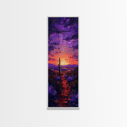 Colorful Sunset Over a Desert Landscape with a Saguaro Cactus and Dramatic Sky on a Framed Canvas Print Skinny Art Piece