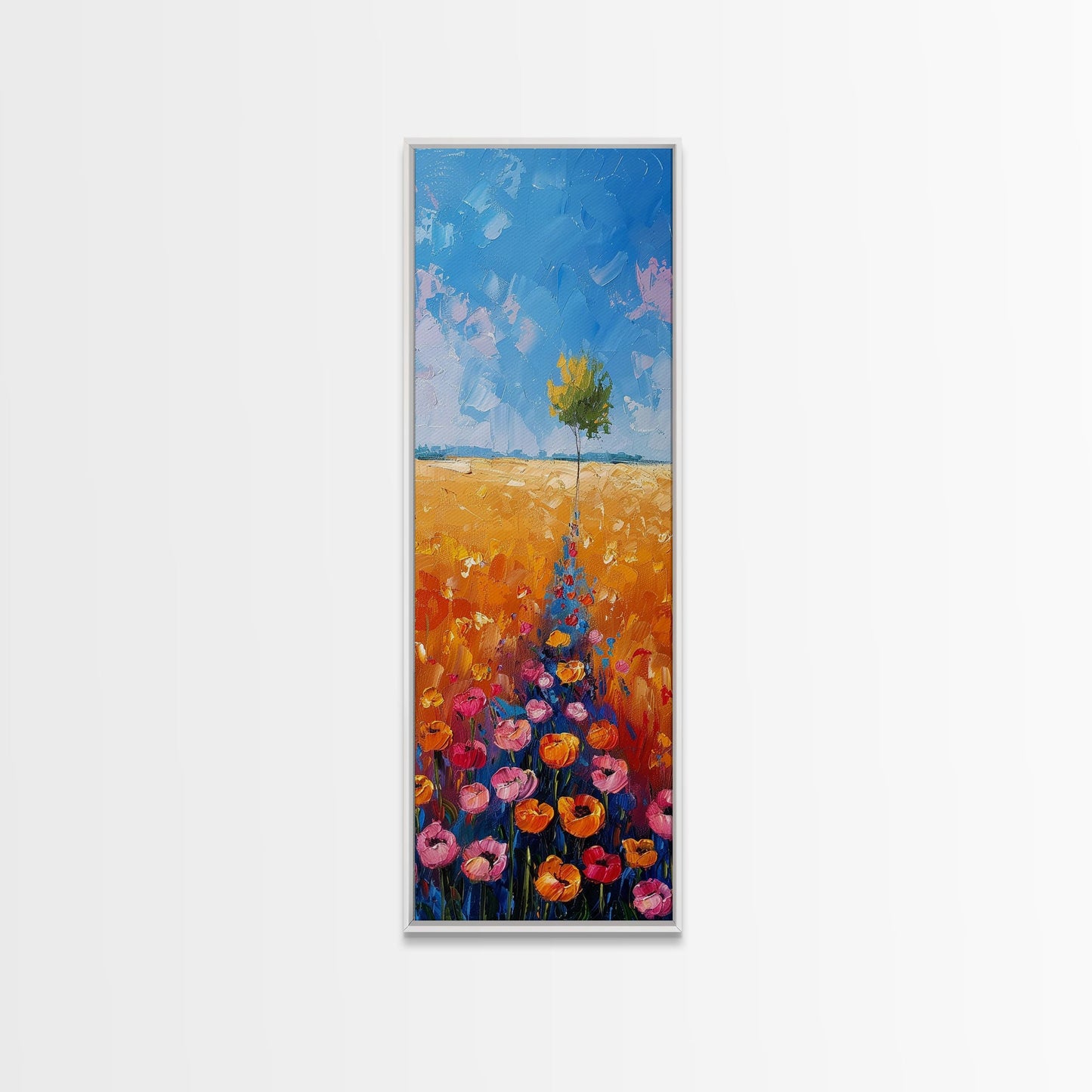 Colorful Wildflowers in a Field with a Lone Tree Under a Bright Blue Sky on a Framed Canvas Print Tall Art Piece