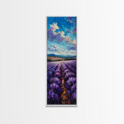 Framed Canvas Print of Wide Lavender Fields Under a Bright Sky Featuring Skinny Tall Art for Stunning Wall Decor in Home or Office