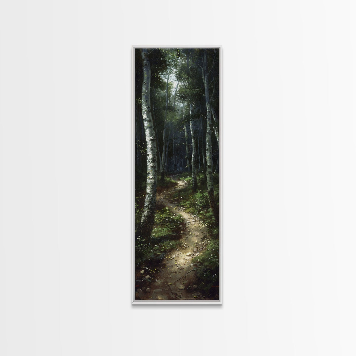 Mysterious Birch Forest Path Tall Skinny Art Framed Canvas Print for Serene and Calming Wall Decor in Homes or Offices