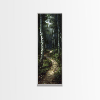 Mysterious Birch Forest Path Tall Skinny Art Framed Canvas Print for Serene and Calming Wall Decor in Homes or Offices