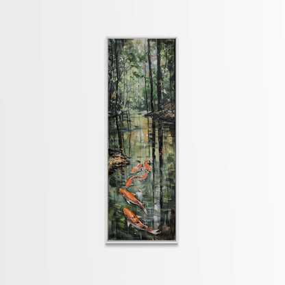 Elegant Koi Fish Swimming Serene Water Garden Nature Art Framed Canvas Print Tall Art Japanese Style Art