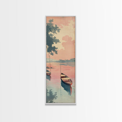 Serene Boat on Water, Autumn Trees, Japanese Art, Skinny Art, Tall Art, Framed Canvas Print, Ukiyo-e Style