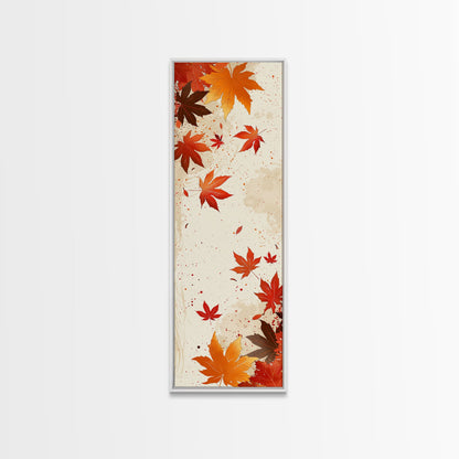 Skinny Art Autumn Leaves In Japanese Style Wood Block Print Warm Red And Orange Tones On Framed Canvas Print, Tall Art Ukiyo-e