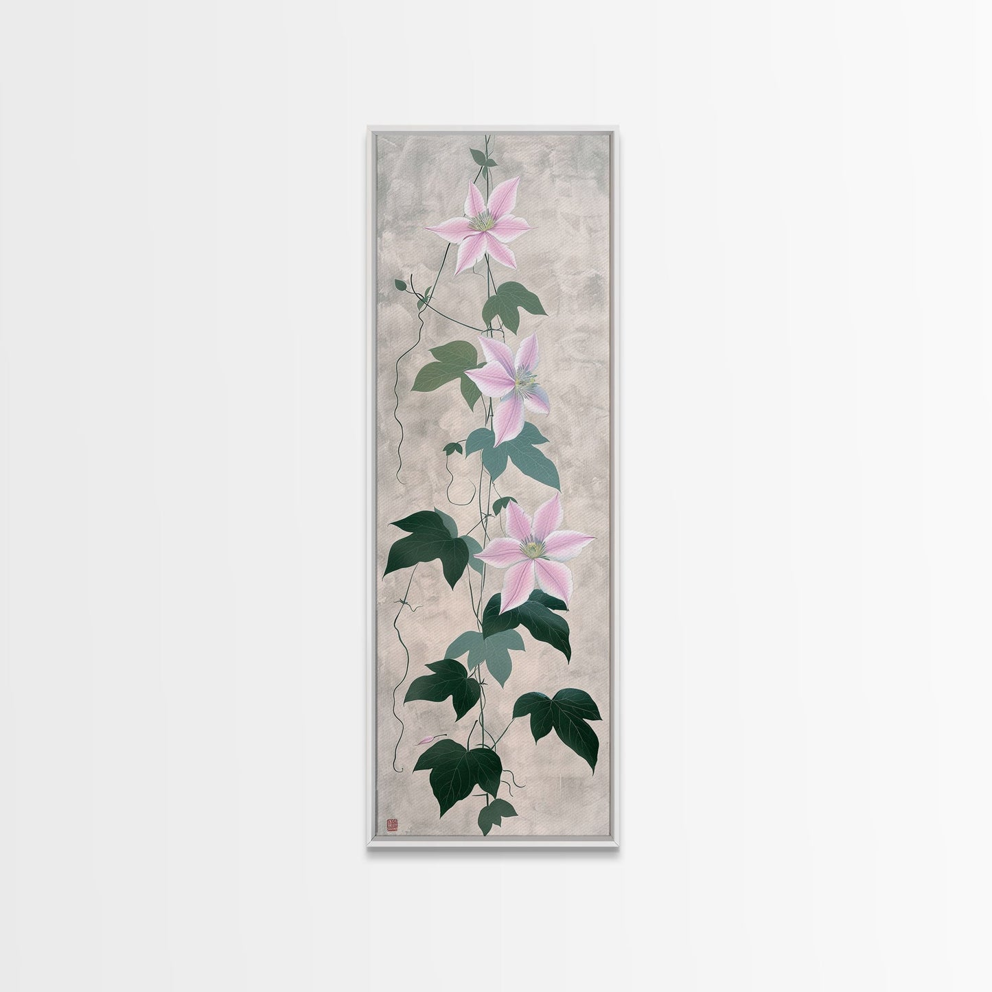 Skinny Art Clematis Vine In Japanese Style Wood Block Print Soft Pink Flowers On Framed Canvas Print, Tall Art Ukiyo-e