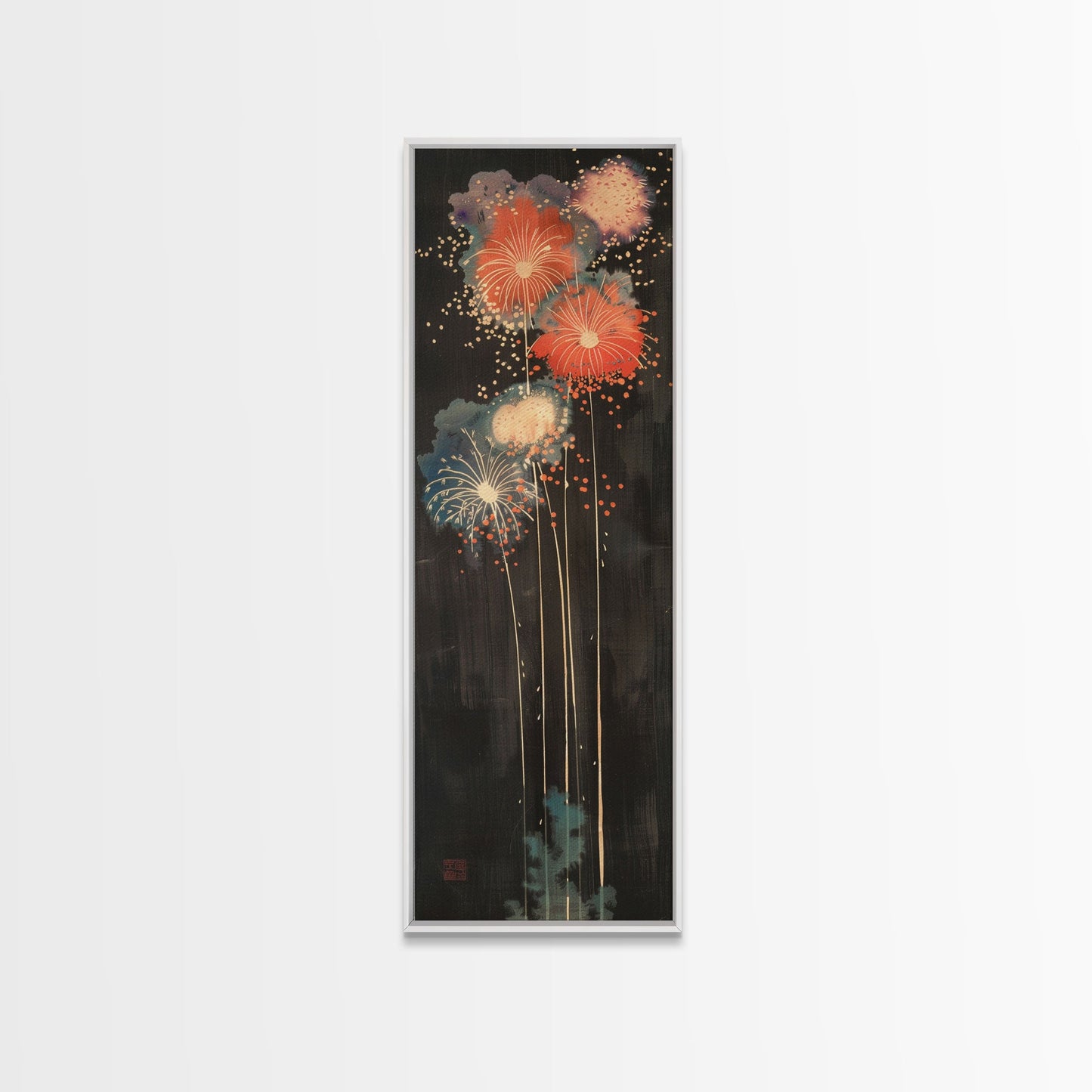 Colorful Fireworks Display Against A Dark Night Sky, Skinny Art Tall Wall Art Framed Canvas Print Japanese Style Art