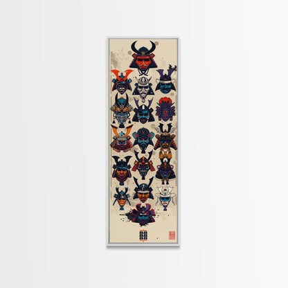 Canvas Print Traditional Japanese Samurai Helmets Collection, Intricate Details In Warrior Masks, Bold Cultural Decor For Any Space