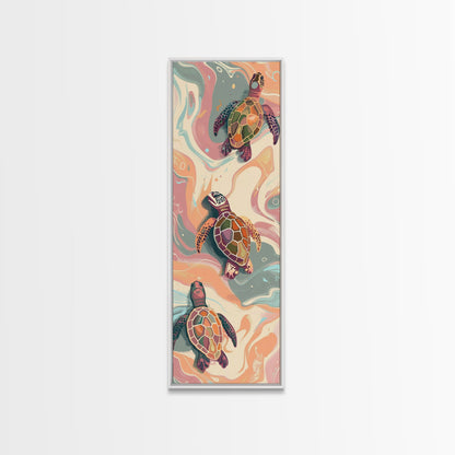 Sea Turtles Marine Life Japanese Style Art On Framed Canvas Print Ukiyo-e Tall Skinny Oceanic Wood Block Wall Decor