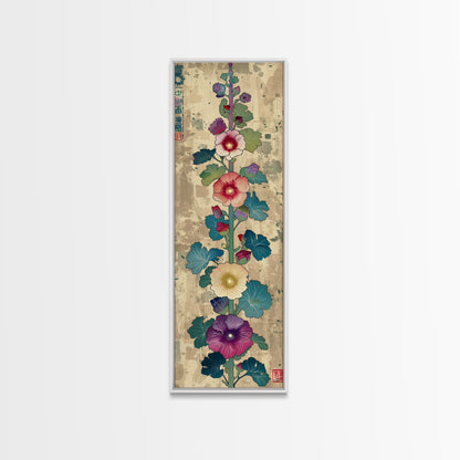 Colorful Hollyhock Flowers Traditional Japanese Woodblock Style Tall Skinny Framed Canvas Print Wall Art