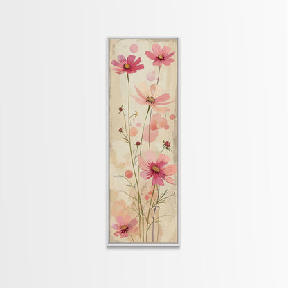 Delicate Pink Flowers with Tall Stems on a Subtle Beige Background Ukiyo-e Art Japanese Framed Canvas Print Skinny Tall Art