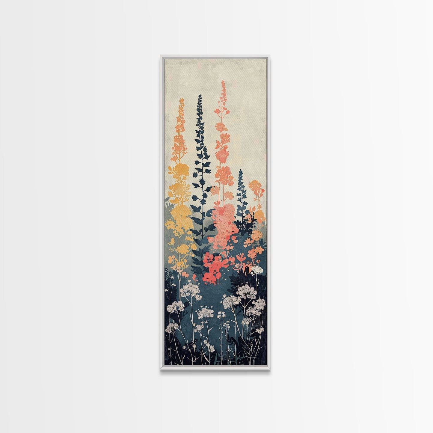 Framed Canvas Print Of Elegant Wildflowers Set Against A Soft Background, Skinny Art, Tall Art, Japanese Style Art, Ukiyo-e Art, Wood Block Print