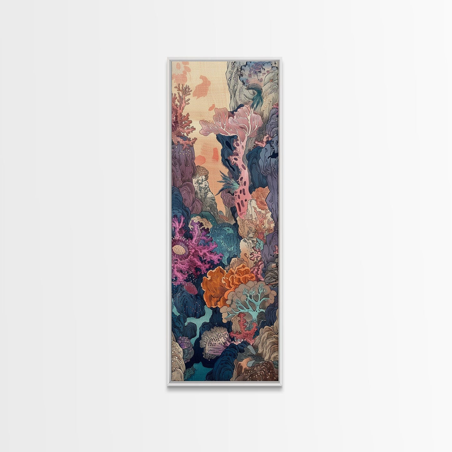 Framed Canvas Print Of A Coral Reef Scene Filled With Vibrant Marine Life, Skinny Art, Tall Art, Japanese Style Art, Ukiyo-e Art, Wood Block Print