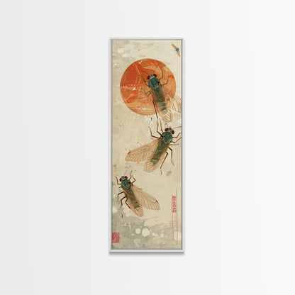 Detailed Depiction Of Cicadas Against Warm Sunset Background Ukiyo-e Skinny Tall Wood Block Framed Canvas Print Japanese Style Art