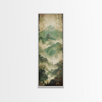 Skinny Art Tall Art Framed Canvas Print Japanese Style Art Foggy Mountain Temple Landscape Wood Block Print Ukiyo-e Feng Shui Wall Art