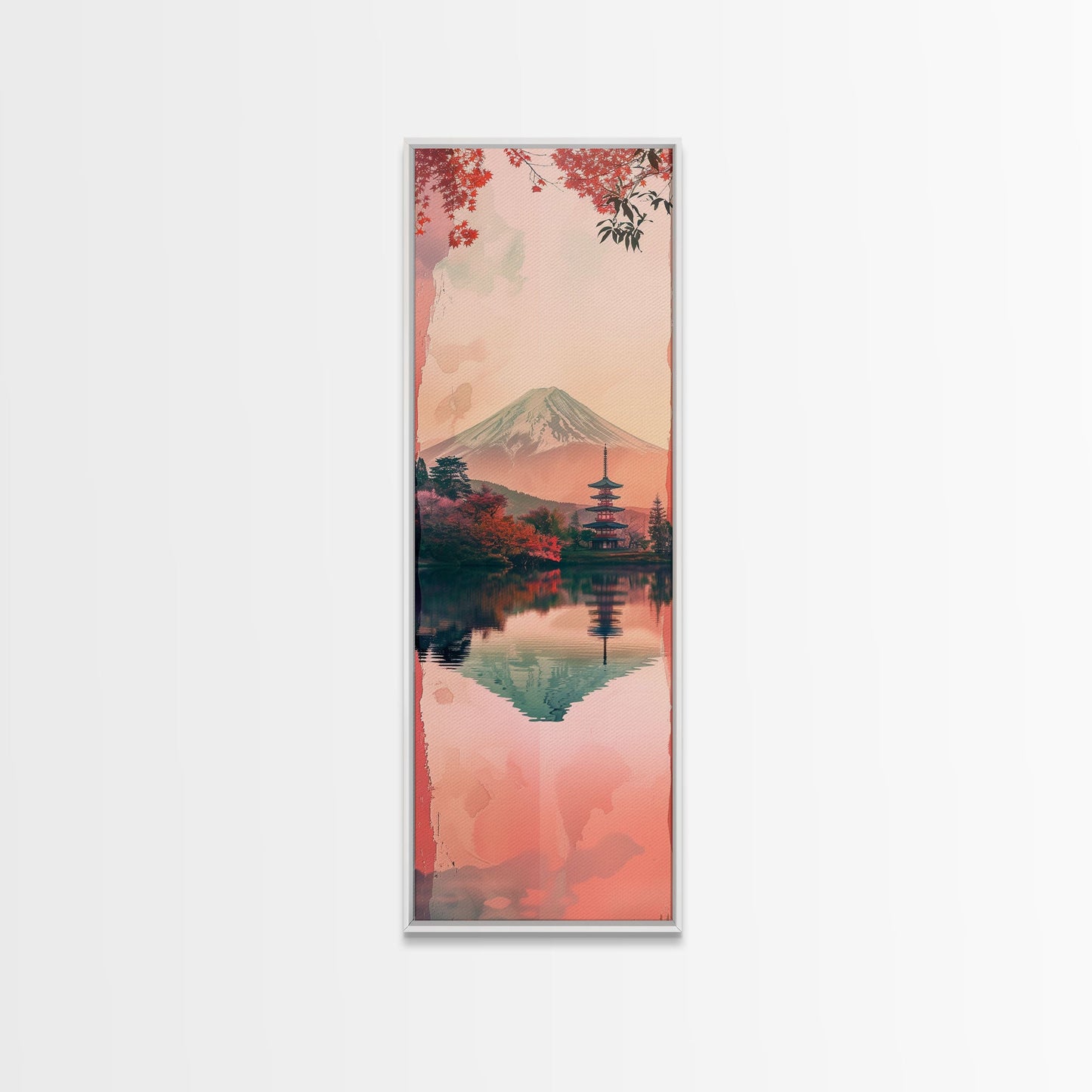 Skinny Art Tall Art Framed Canvas Print Japanese Style Art Mount Fuji Lake Reflection Red Maple Wood Block Print Ukiyo-e Feng Shui Wall Art