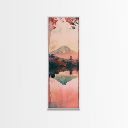 Skinny Art Tall Art Framed Canvas Print Japanese Style Art Mount Fuji Lake Reflection Red Maple Wood Block Print Ukiyo-e Feng Shui Wall Art