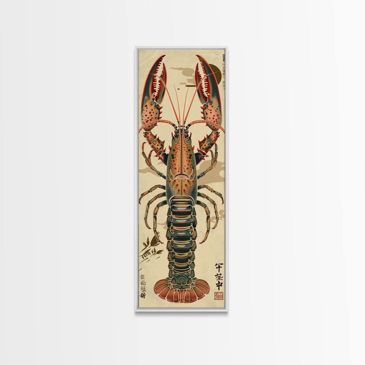 Detailed Lobster Illustration On Beige Background Skinny Art Wood Block Print Japanese Style Art Framed Canvas Print Tall Art Ukiyo-e Art