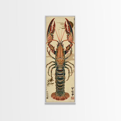 Detailed Lobster Illustration On Beige Background Skinny Art Wood Block Print Japanese Style Art Framed Canvas Print Tall Art Ukiyo-e Art