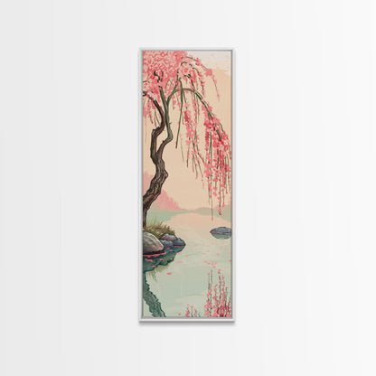 Serene Weeping Cherry Tree with Gentle Reflections in Water - Skinny Art, Japanese Wall Decor, Framed Canvas Print, Ukiyo-e Style