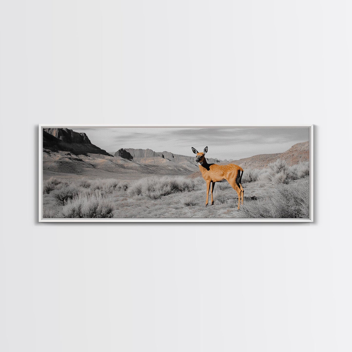 Desert Deer, Southwest Wall Art, Wildlife Painting, Rustic Wall Art, Nature Decor, Extra Wide Art, Horizontal Wall Art, Framed Canvas Print