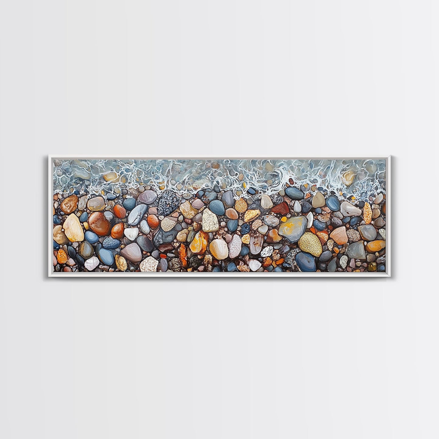 Coastal decor, ocean pebble art, beach rock painting, nautical wall art, seascape painting, long narrow wall art, canvas print