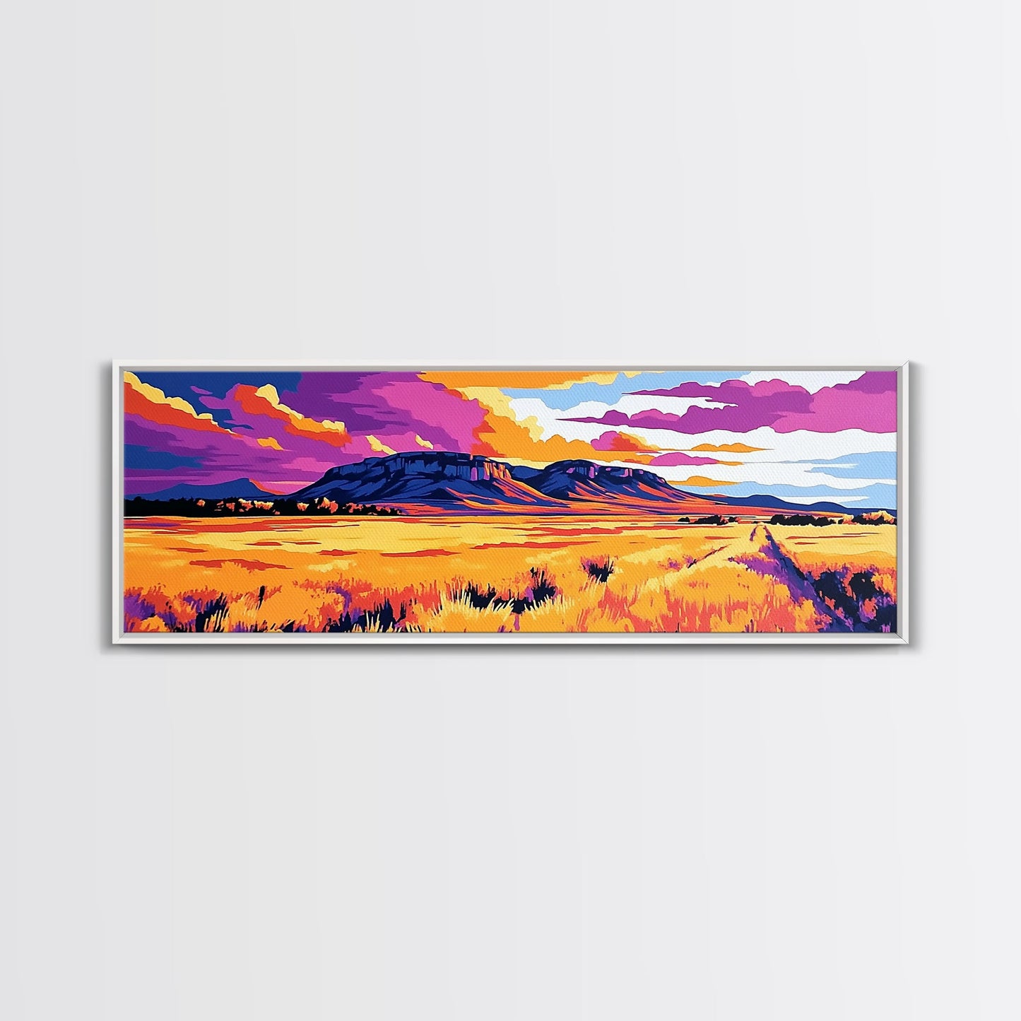 Vibrant mountain, pink orange wall art, Joshua tree art, geometric wall art, panoramic art, framed canvas print, landscape painting