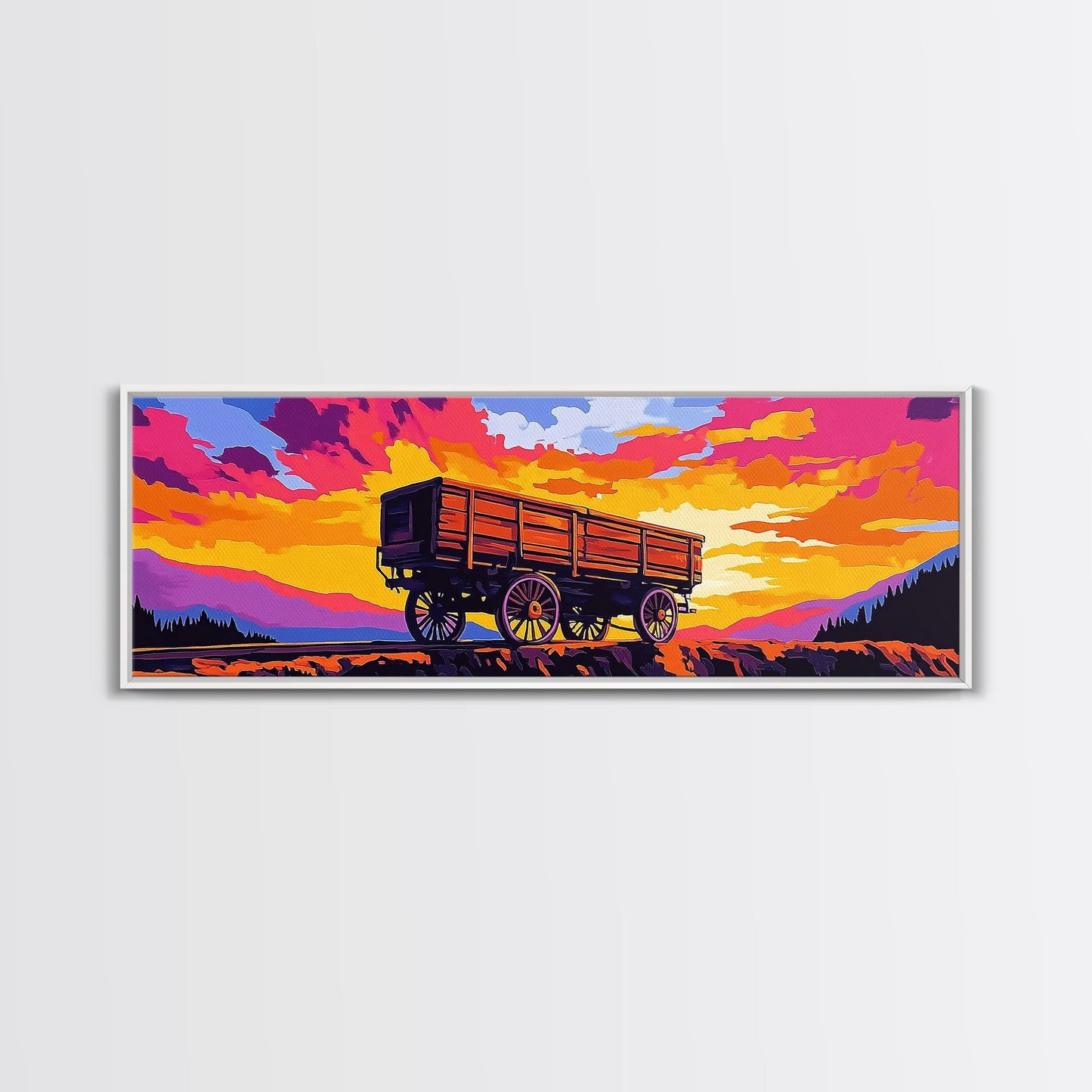 Sunset wagon, pink orange wall art, southwest wall art, geometric wall art, boho art, panoramic painting, framed canvas print, rustic decor