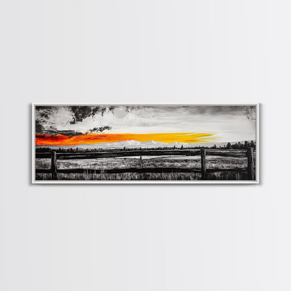 Fence at Sunset, moody landscape art, Joshua tree art, smoky mountain painting, dark romance art, extra wide art, framed canvas print