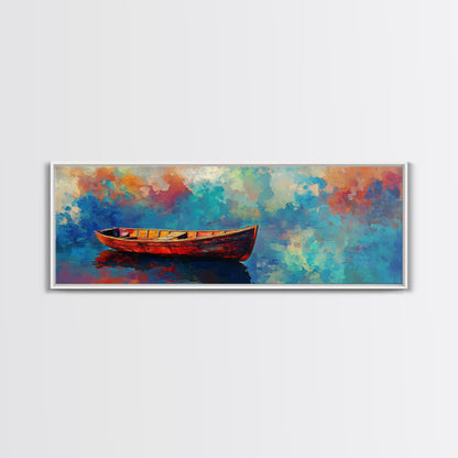 Colorful Boat Painting, coastal landscape art, nautical decor, seascape painting, vibrant wall art, framed canvas print, extra wide art