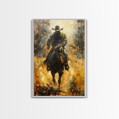 Cowboy Riding Horse into the Distance - Framed Canvas Print, Western Art, Rustic Decor, Living Room Wall Art, Cowboy Themed Art
