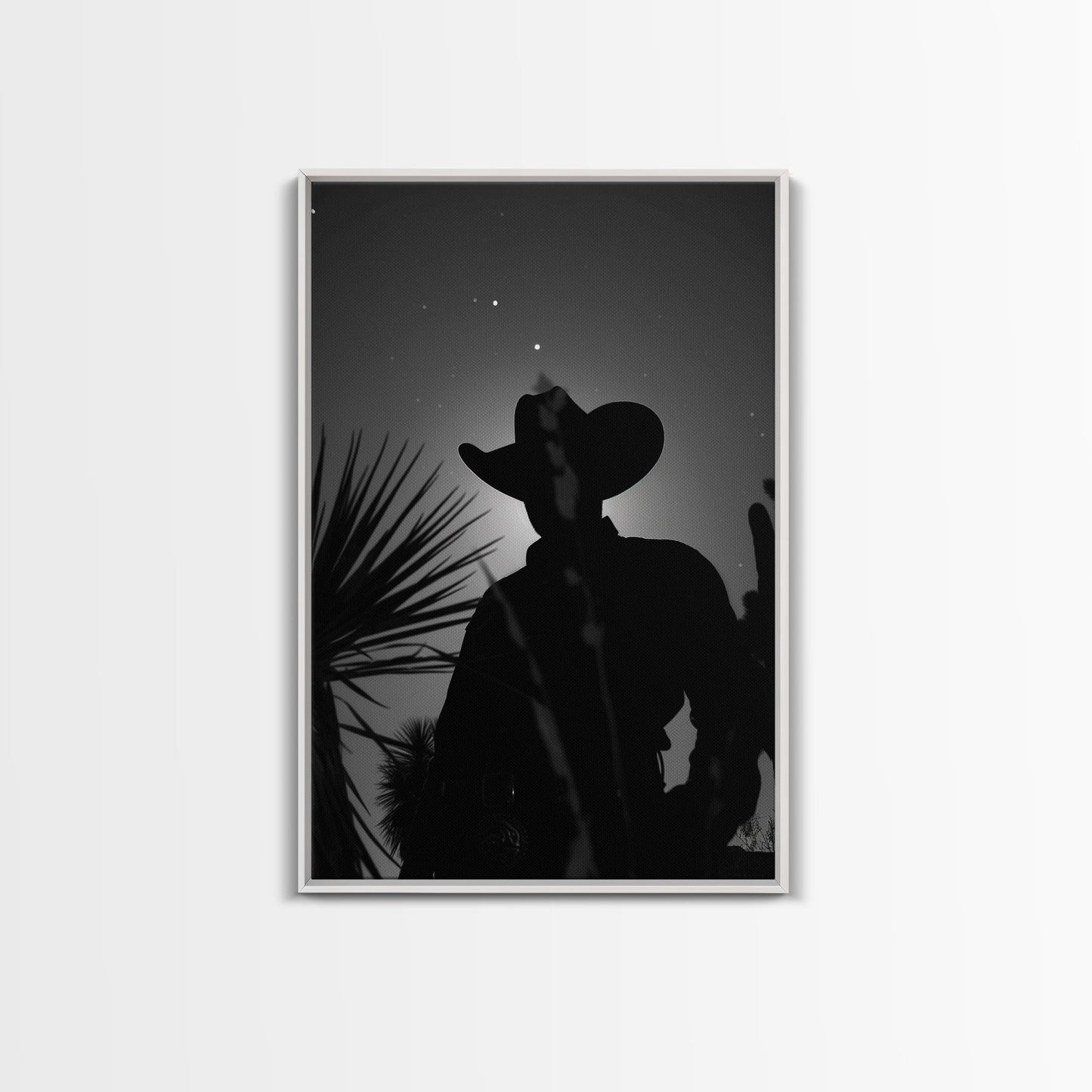 Lone Cowboy Silhouette under the Stars in Black and White for Rustic Wall Art, Canvas Prints, Home Decor, Living Room Art, Bedroom Art