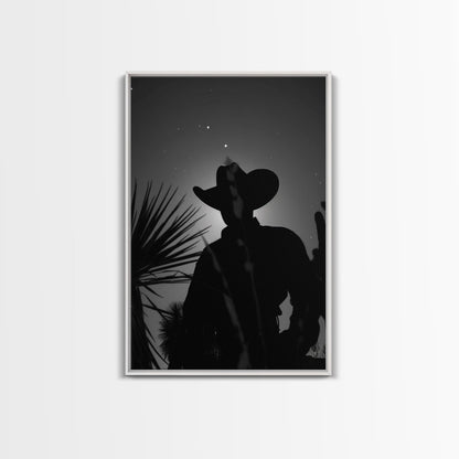 Lone Cowboy Silhouette under the Stars in Black and White for Rustic Wall Art, Canvas Prints, Home Decor, Living Room Art, Bedroom Art