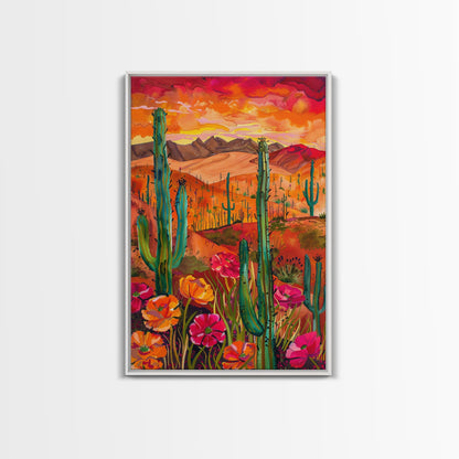 Framed Canvas Print, Vibrant Desert Landscape with Flowers and Cacti, Perfect Wall Art for Living Room or Bedroom Decor