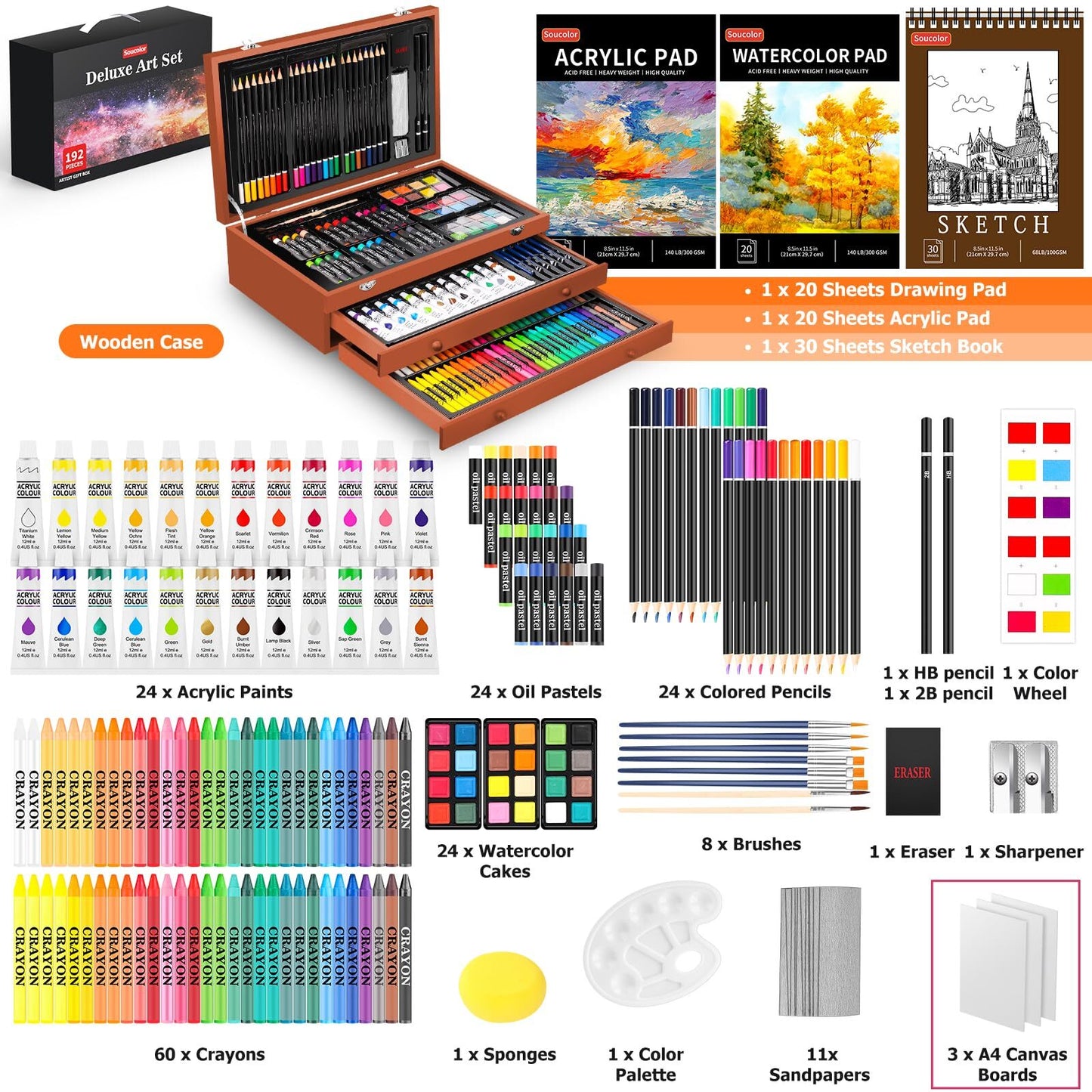 Art Supplies, 192-Pack Deluxe Art Set Drawing Painting Supplies Art Kit with ...
