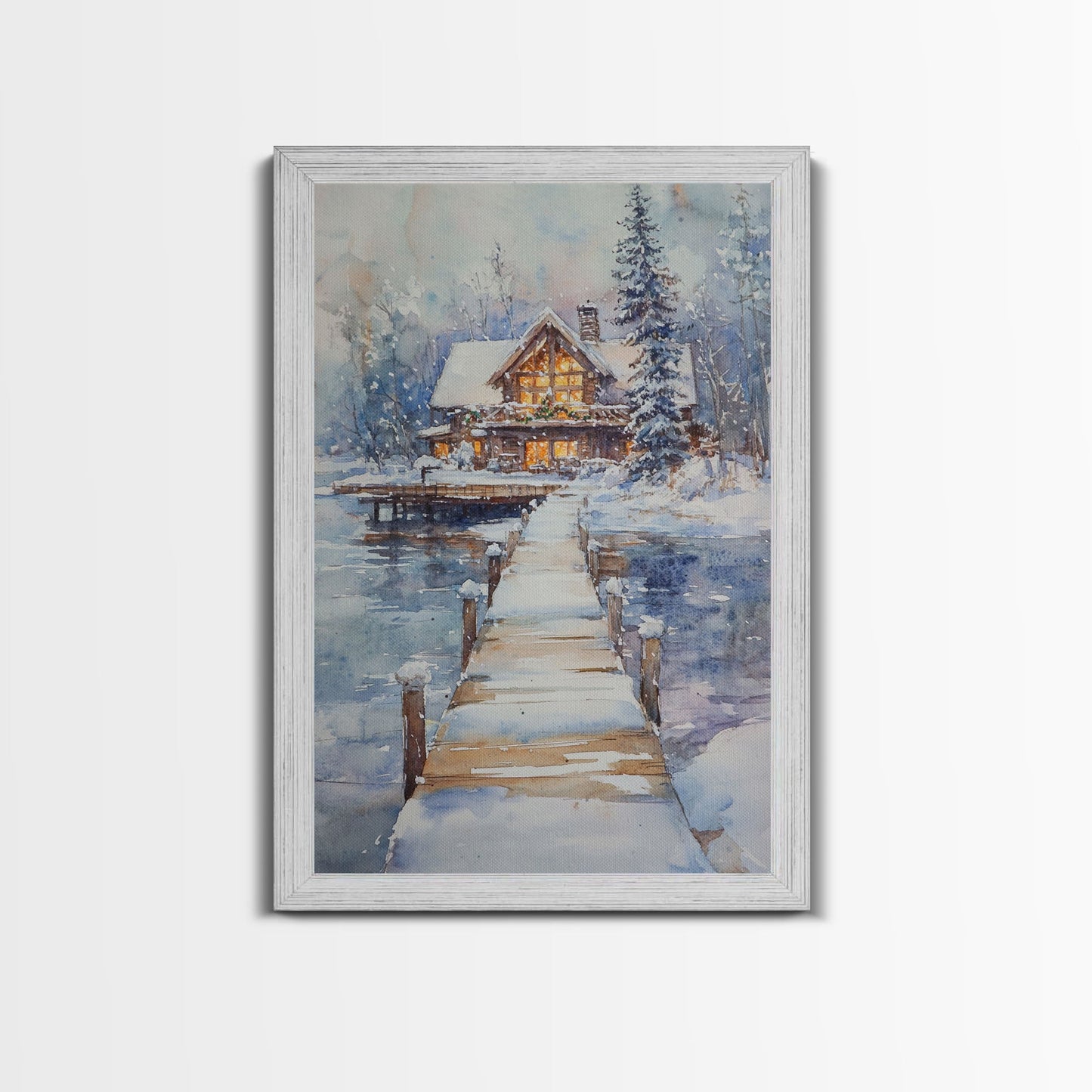 Christmas At The Lake, Framed Canvas Print, Wood Frame Lake House Decor, Winter Lakehouse Art