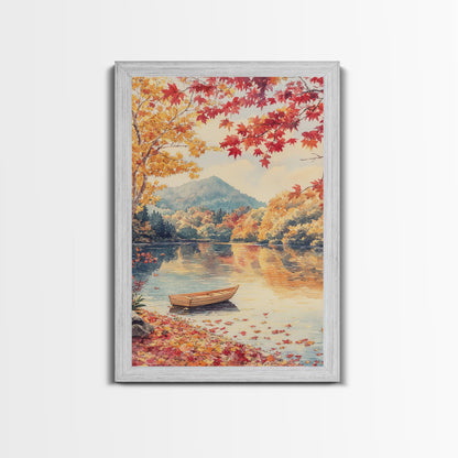 Canoe On A Serene Fall Lake, Framed Canvas Print, Autumn Decor, Fall Wall Art, Fall Poster, Autumn Prints Wall Art