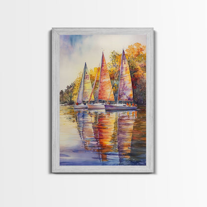 Colorful Sailboats Reflected On Water Framed Canvas Print Fall Nautical Wall Art Coastal Decor Best Gift Idea Holiday Wall Art